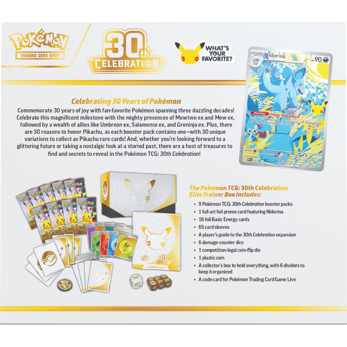 Pokémon TCG: 30th Celebration Elite Trainer Box (1 Full-Art Promo Card, 9 Booster Packs & Premium Accessories)